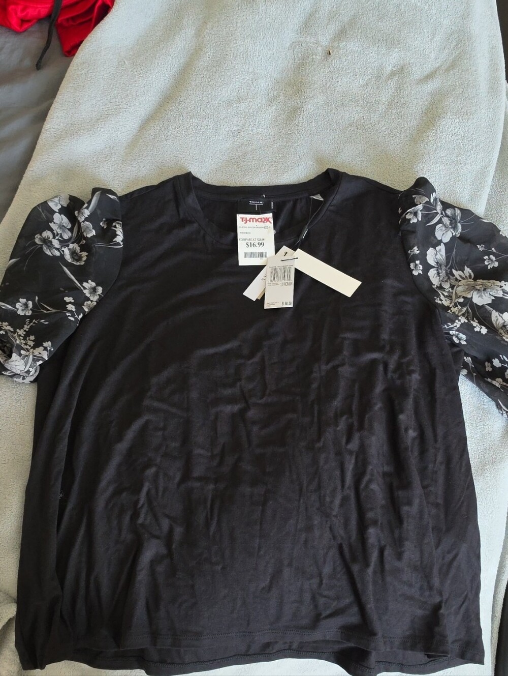 T.J.Maxx Black Top with Sheer Floral Puff Sleeves